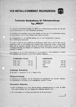 "Technische Beschreibung für Fahrradanhänger Typ "MKH/F" (Vorderseite), vrmtl. 1978.