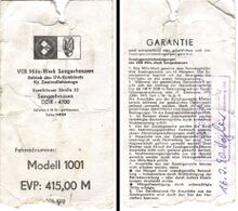 Preischild mit Garantieschein für das Modell 1001, verkauft am 16. Februar 1990.