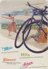Gemeinsame Anzeige für Fahrräder von Diamant, Mifa, Möve und Simson, 1956.
